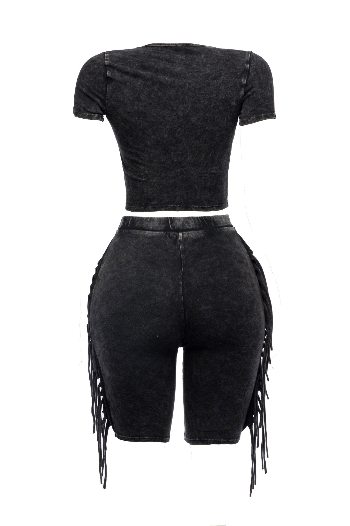 Mineral washed fringe biker set: BLACK / S