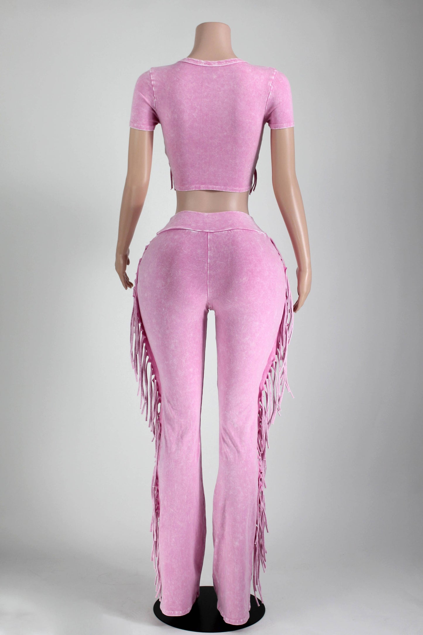 MINERAL WASH FRINGE BABY TEE & FLARE PANT SET: Baby Pink ππ