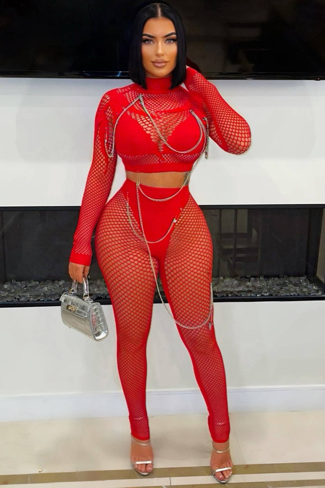 LACE SEAMLESS CHAIN EMBELLISHED SET: Red / ML