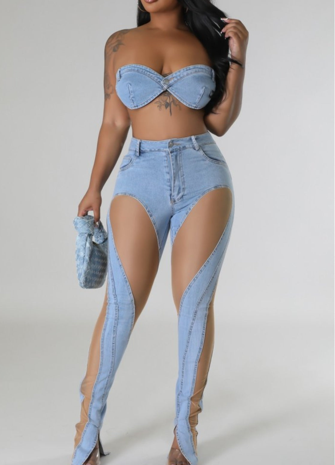 In The Moment mesh leather pants set (Denim)🔥