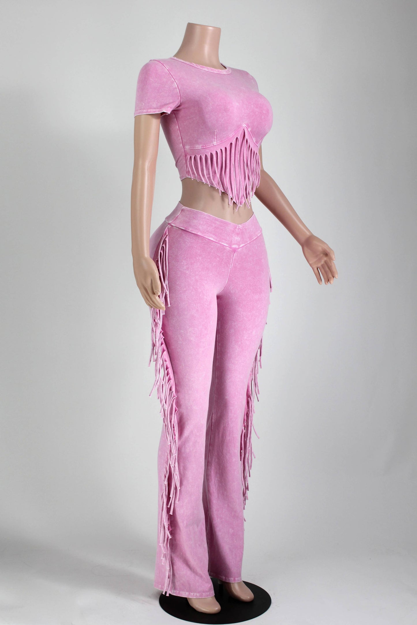 MINERAL WASH FRINGE BABY TEE & FLARE PANT SET: Baby Pink ππ