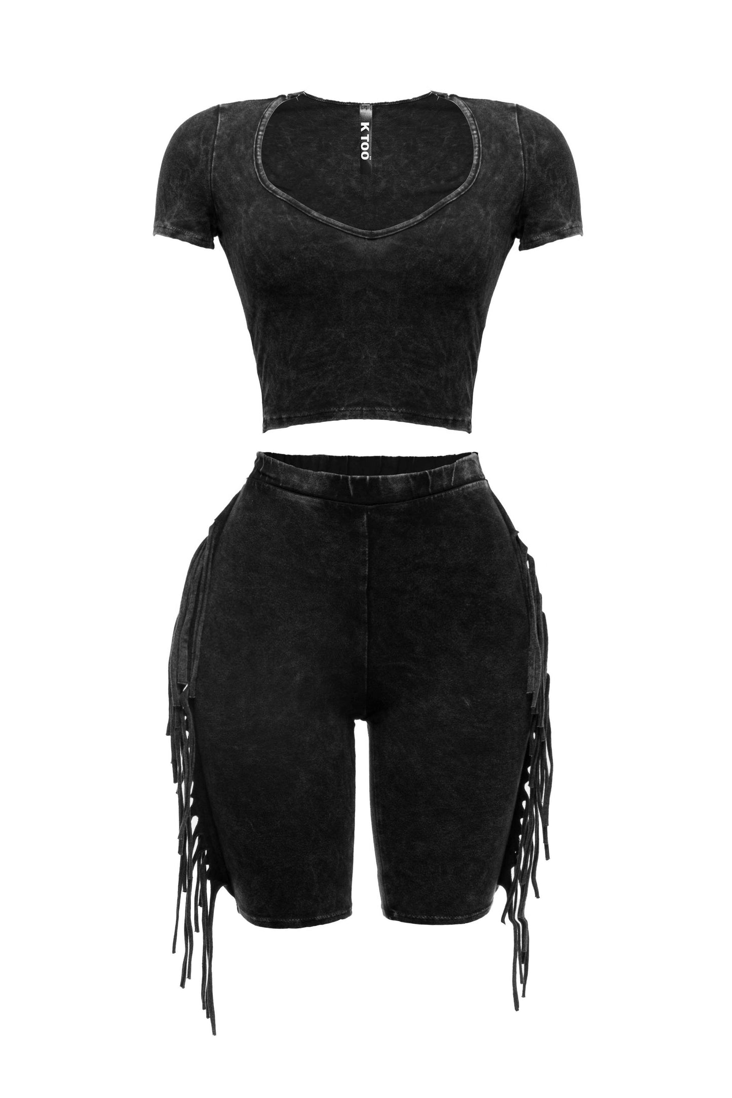 Mineral washed fringe biker set: BLACK / S