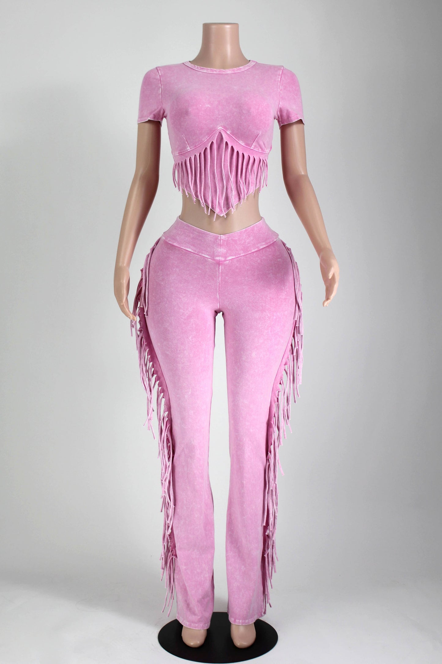 MINERAL WASH FRINGE BABY TEE & FLARE PANT SET: Baby Pink ππ