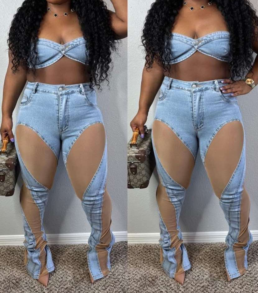 In The Moment mesh leather pants set (Denim)🔥