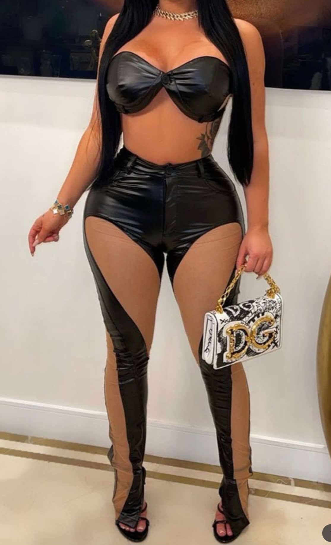 In The Moment mesh leather pants set(black)🌹